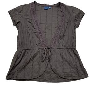 Vintage Y2K Sonoma Brown Ruffle Cottage Wrap Blouse Coastal Cowgirl Medium